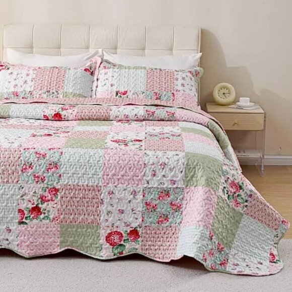 New Pink & Green Floral Patchwork 3-Piece Bedding Quilt Set • QUEEN - Picture 1 of 4